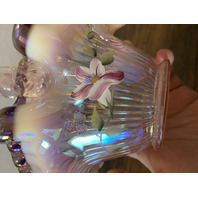 FENTON Iridescent Pink Ribbon Candy Hummingbird Art Glass Basket SIGNED 8"H