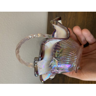 FENTON Iridescent Pink Ribbon Candy Hummingbird Art Glass Basket SIGNED 8"H