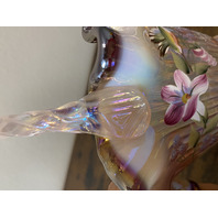 FENTON Iridescent Pink Ribbon Candy Hummingbird Art Glass Basket SIGNED 8"H