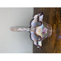 FENTON Iridescent Pink Ribbon Candy Hummingbird Art Glass Basket SIGNED 8"H