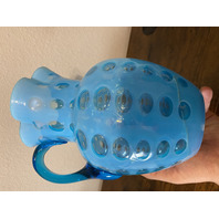 VTG FENTON Blue Opalescent COIN DOT Glass Pitcher + 2 Tumblers SET(3) DAMAGED