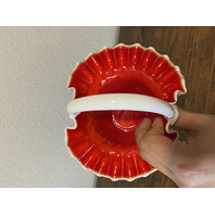 VTG Kanawha Milk Glass Red/White Hobnail Art Glass Basket 7.5"H