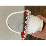 VTG Kanawha Milk Glass Red/White Hobnail Art Glass Basket 7.5"H