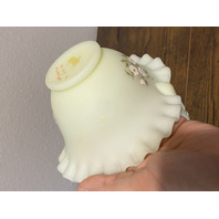 VTG UV REACTIVE FENTON Yellow Custard PINK BLOSSOMS Glass Basket SIGNED 7.5"H