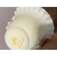 VTG UV REACTIVE FENTON Yellow Custard PINK BLOSSOMS Glass Basket SIGNED 7.5"H