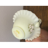 VTG UV REACTIVE FENTON Yellow Custard PINK BLOSSOMS Glass Basket SIGNED 7.5"H