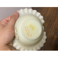 VTG UV REACTIVE FENTON Yellow Custard PINK BLOSSOMS Glass Basket SIGNED 7.5"H