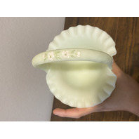 VTG UV REACTIVE FENTON Yellow Custard PINK BLOSSOMS Glass Basket SIGNED 7.5"H