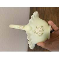 VTG UV REACTIVE FENTON Yellow Custard PINK BLOSSOMS Glass Basket SIGNED 7.5"H