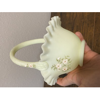 VTG UV REACTIVE FENTON Yellow Custard PINK BLOSSOMS Glass Basket SIGNED 7.5"H