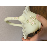 VTG UV REACTIVE FENTON Yellow Custard PINK BLOSSOMS Glass Basket SIGNED 7.5"H