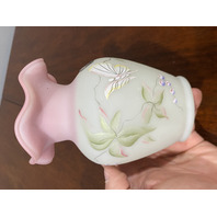 FENTON #1237/2950 95th Anniversary LOTUS MIST BUTTERFLY Burmese Vase 5.25"H