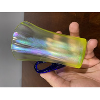 VTG FENTON UV REACTIVE Topaz Iridescent Lemonade Mugs W/Cobalt Handle 4.5"H PAIR