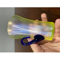 VTG FENTON UV REACTIVE Topaz Iridescent Lemonade Mugs W/Cobalt Handle 4.5"H PAIR