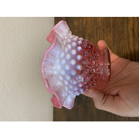 VTG FENTON Cranberry Opalescent Hobnail Ruffled Rim Bowl 6.5"W