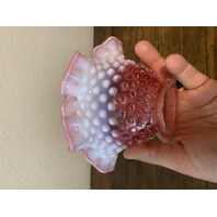 VTG FENTON Cranberry Opalescent Hobnail Ruffled Rim Bowl 6.5"W