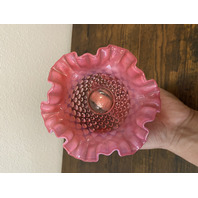 VTG FENTON Cranberry Opalescent Hobnail Ruffled Rim Bowl 6.5"W