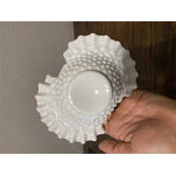 VTG FENTON Hobnail White Milk Glass Ruffled Rim Basket 7.5"H