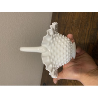 VTG FENTON Hobnail White Milk Glass Ruffled Rim Basket 7.5"H