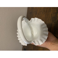 VTG FENTON Hobnail White Milk Glass Ruffled Rim Basket 7.5"H