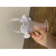 VTG FENTON Pink Opalescent Iridescent Hobnail Twisted Handle Basket 9"H
