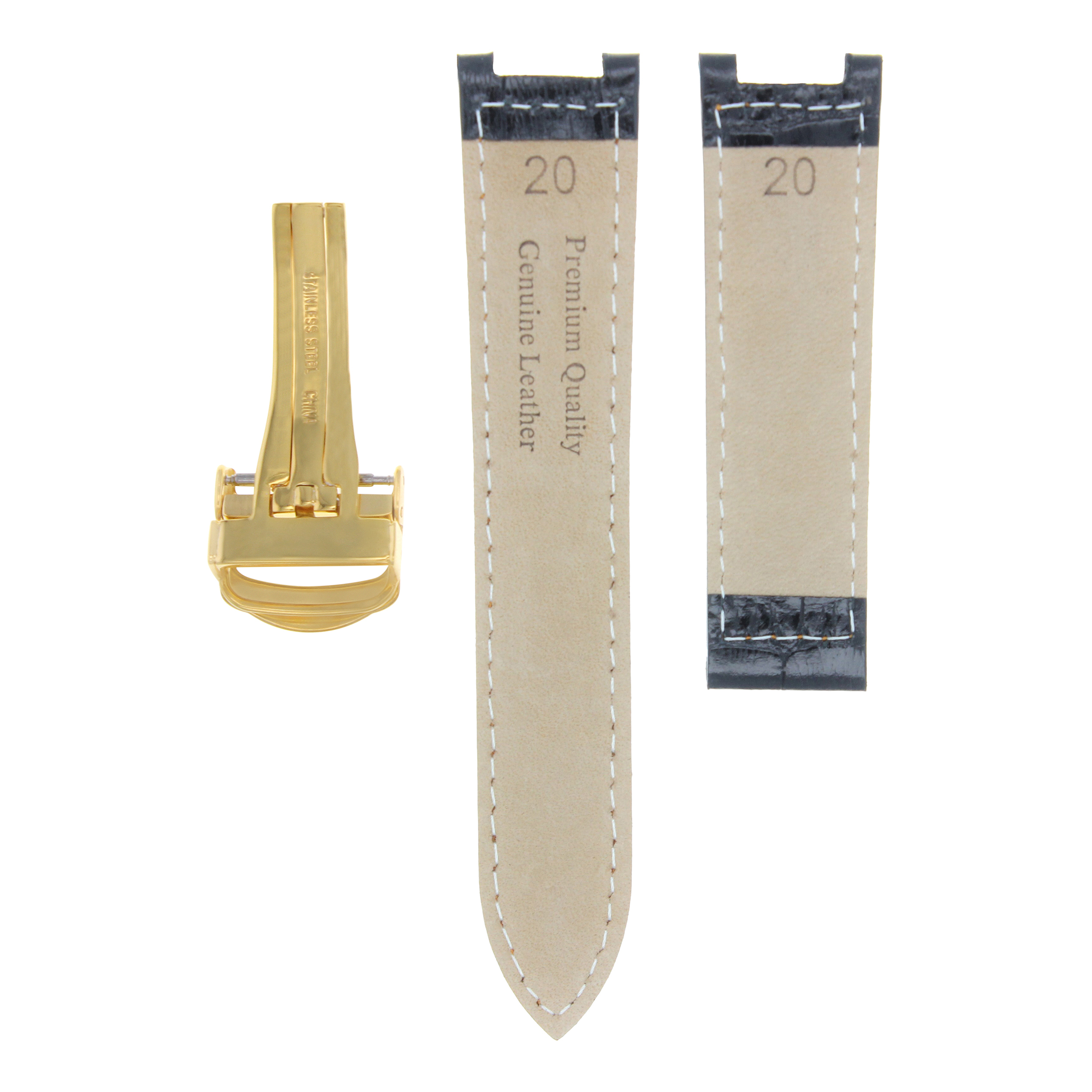 LEATHER WATCH BAND STRAP FOR CARTIER PASHA WATCH 20MM DEPLOY CLASP BLACK WS GOLD | Ewatchparts