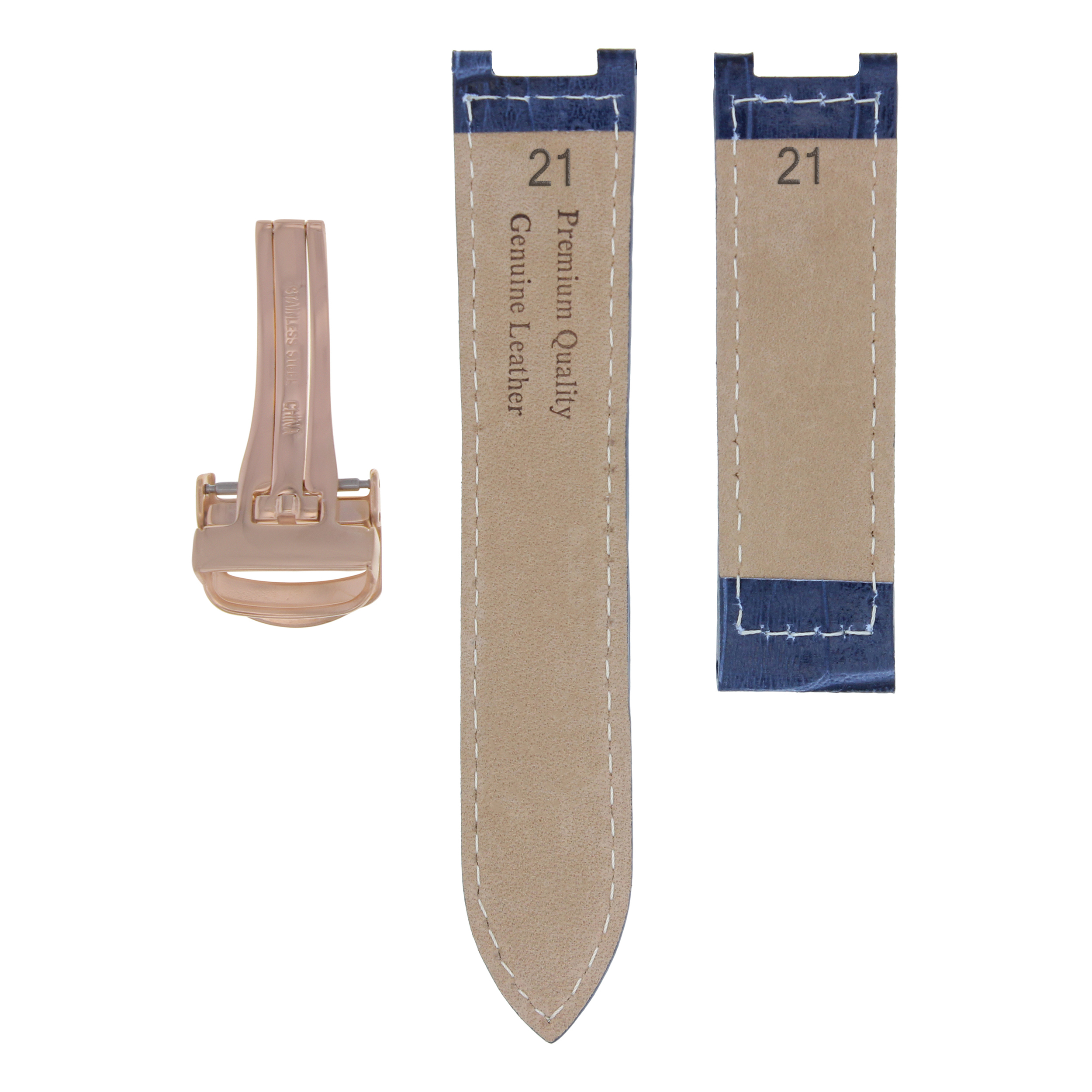 LEATHER BAND STRAP FIT CARTIER PASHA WATCH 21MM BLUE DEPLOYMENT CLASP ROSE COLOR | Ewatchparts