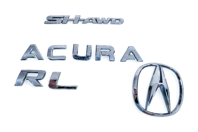Acura RL 05-14 Rear Trunk Lift-gate Deck Lid Emblem "Acura", "RL", "SH-AWD" 75711-SJA-A01, E052, OEM, 2005, 2006, 2007, 2008, 2009, 2010, 2011, 2012, 2013, 2014