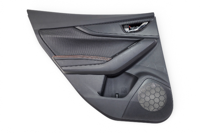 Subaru Crosstrek 18-23 Rear Door Panel Trim Left/Driver Black/Orange Stitching, 94226FL170SJ, E072, OEM, 2018, 2019, 2020, 2021, 2022, 2023