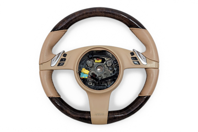 2011-2016 Porsche Cayenne 958 Beige Genuine Wood Steering Wheel, 970-347-803-87-9J9, F012, OEM, 2011, 2012, 2013, 2014, 2015, 2016