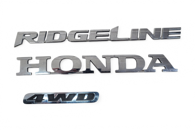 2006-2014 Honda Ridgeline Emblem Logo "RIDGELINE" "4WD" "HONDA" Rear Trunk, 75722-SJC-A01, F017, OEM, 2006, 2007, 2008, 2009, 2010, 2011, 2012, 2013, 2014