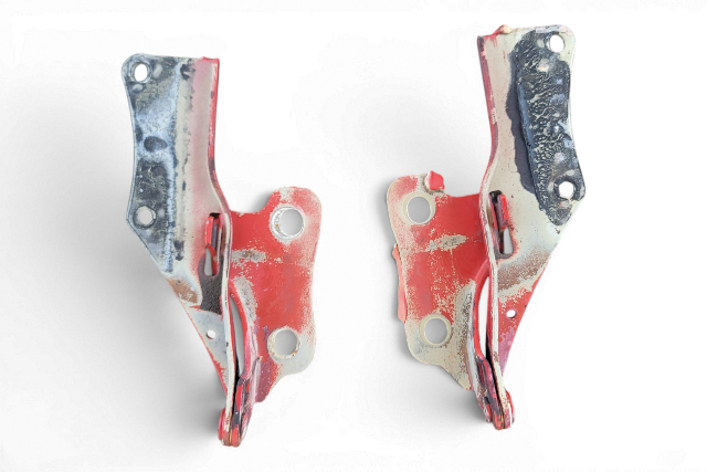1990-1996 Nissan 300ZX Hood Hinge Left/Right Side Pair Red 65451-30P00, 65450-30P00, F034, OEM, 1990, 1991, 1992, 1993, 1994, 1995, 1996