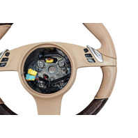 2011-2016 Porsche Cayenne 958 Beige Genuine Wood Steering Wheel, 970-347-803-87-9J9, F012, OEM, 2011, 2012, 2013, 2014, 2015, 2016
