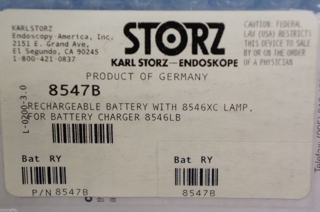 Karl Storz 8547B Rechargeable Battery With 8546XC Lamp, F/Battery Charger 8546LB