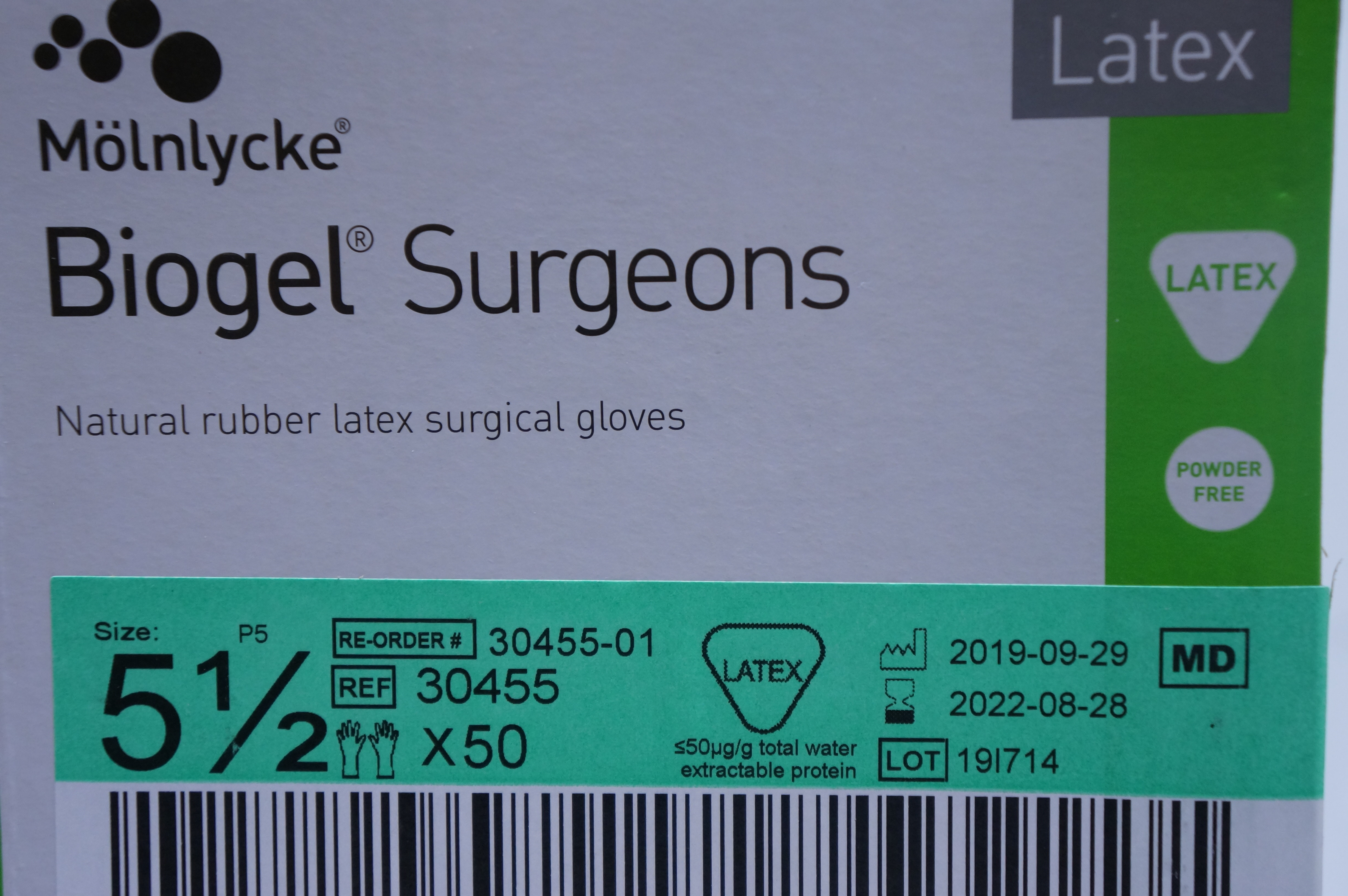 Molnlycke 30455 Biogel Susgeons Rubber Latex Surgical Gloves 5,1/2