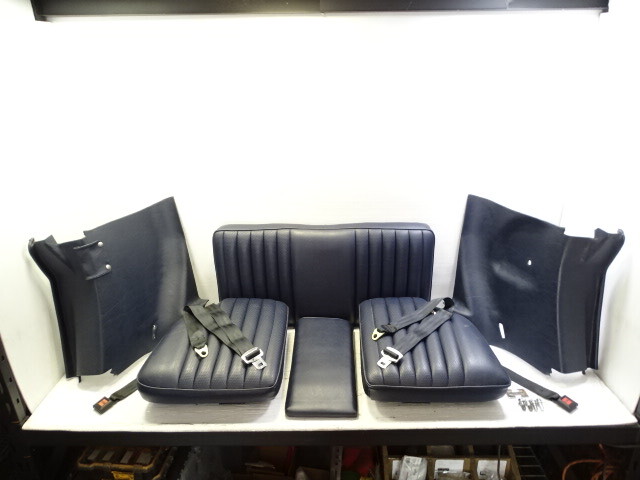 84 Mercedes R107 380SL seats, rear, blue w/seat belts