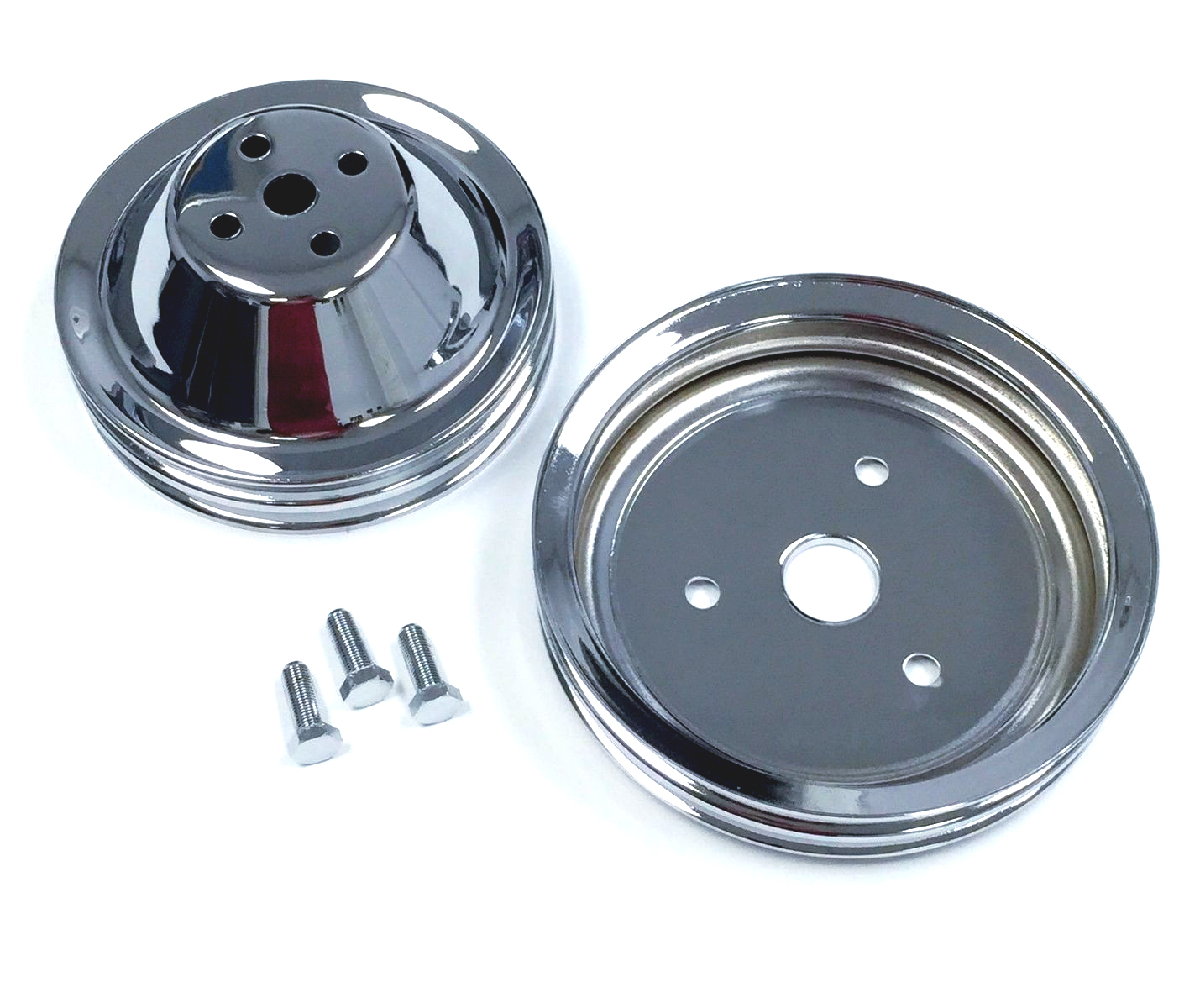 SB Chevy Short Water Pump Chrome Steel 2 Groove Pulley Kit 283 327 350