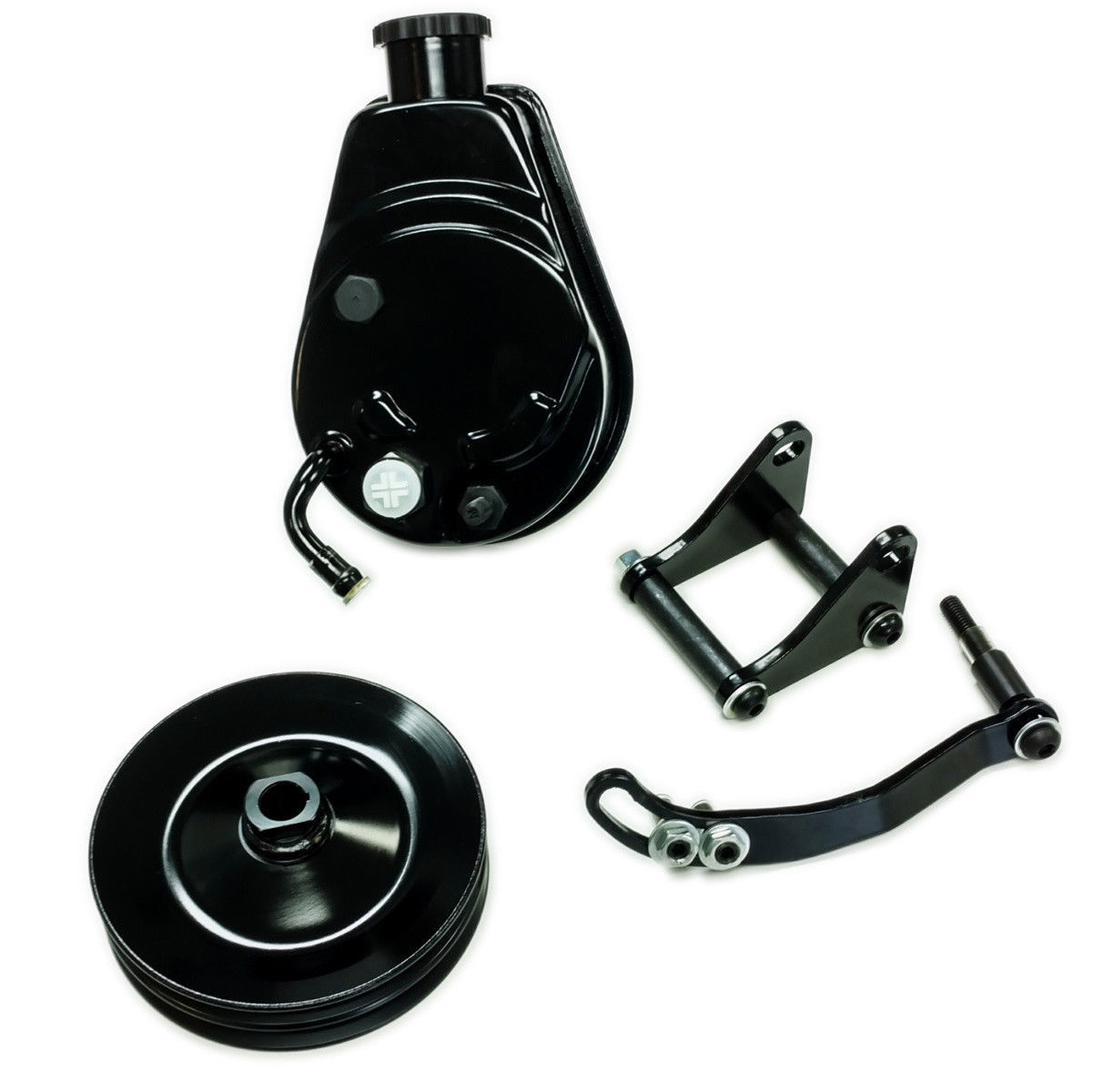 SBC Chevy SB Black Saginaw Power Steering Pump w/ Bracket & Double Groove Pulley Pirate Mfg