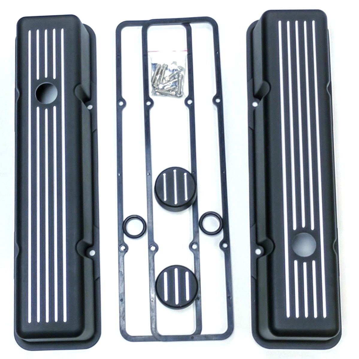 SBC Chevy Tall Black Ball Milled Aluminum Valve Cover Breather Kit Hot