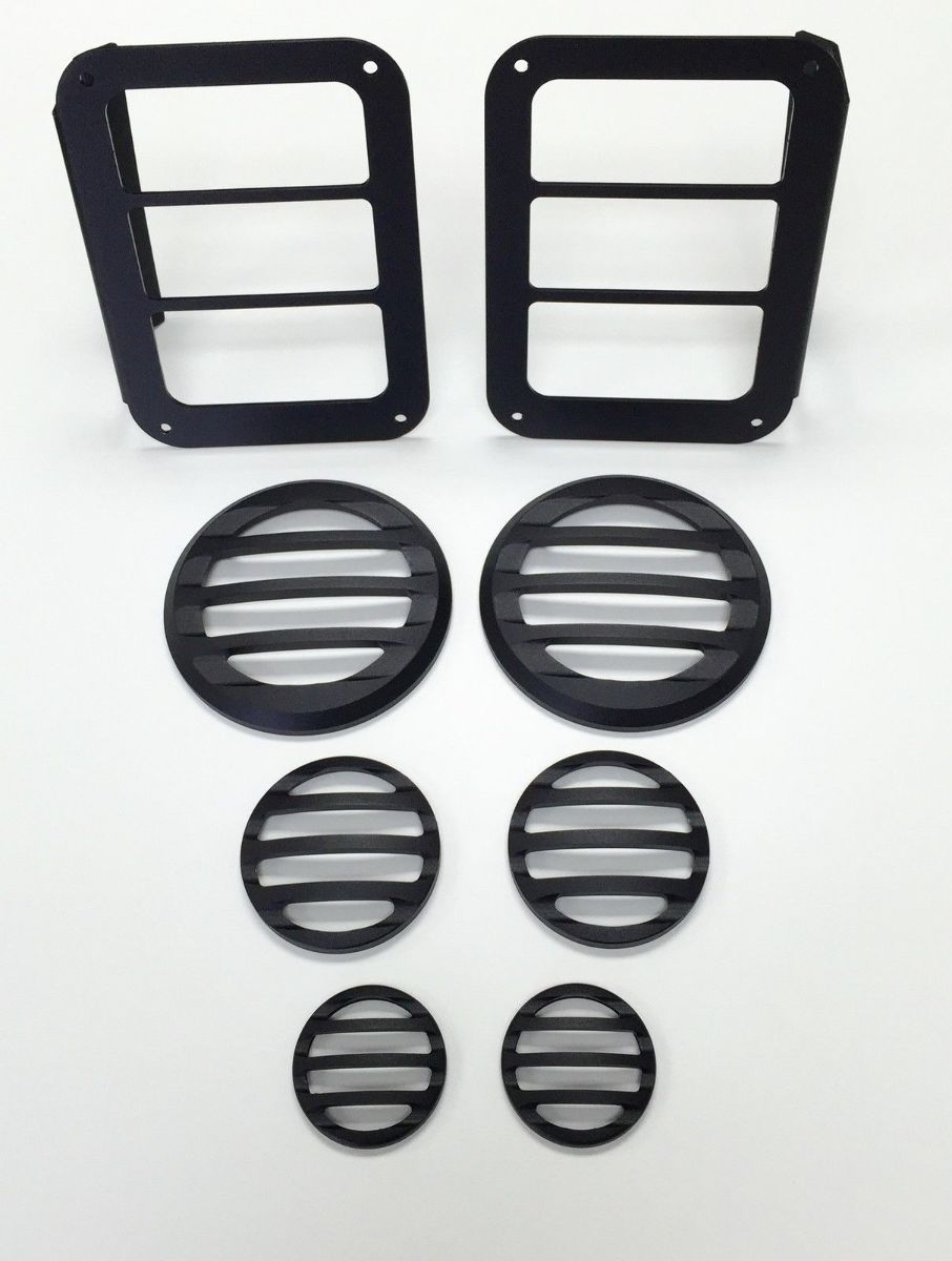 Black Powder Coated Billet 8pc Light Cover Kit, Compatible with Jeep