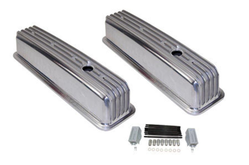 198799 SBC Chevy Polished Aluminum Finned Valve Covers with Hole Short