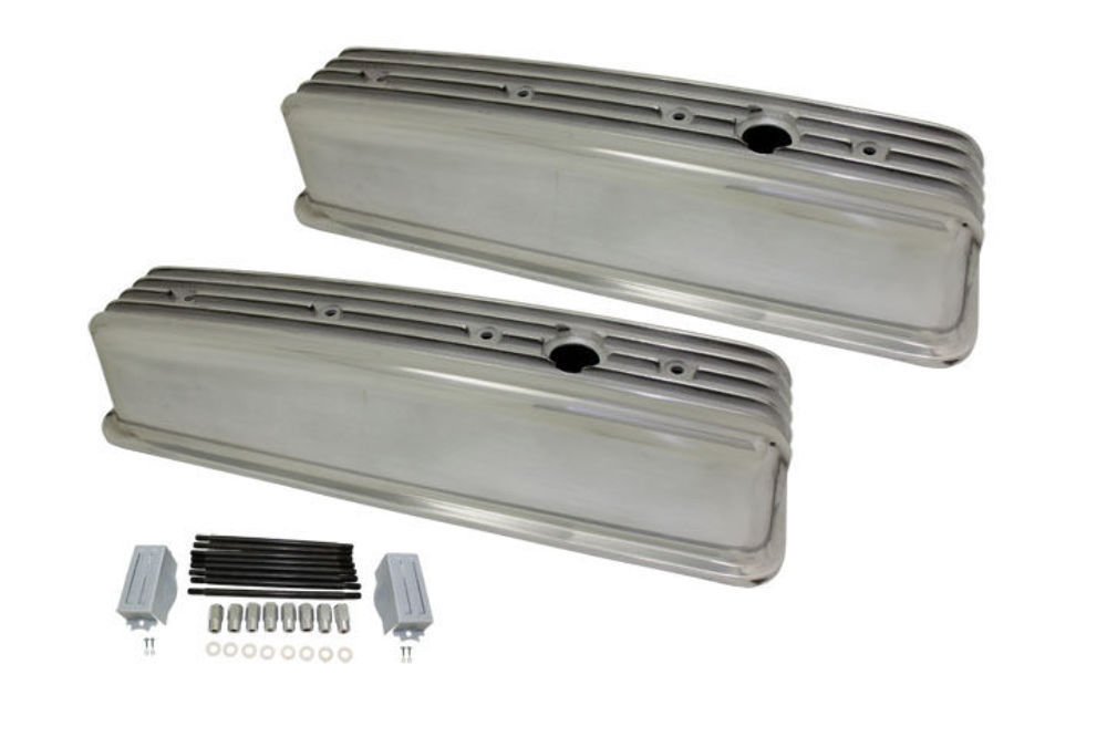 198799 SBC Chevy Polished Aluminum Finned Valve Covers with Hole Tall