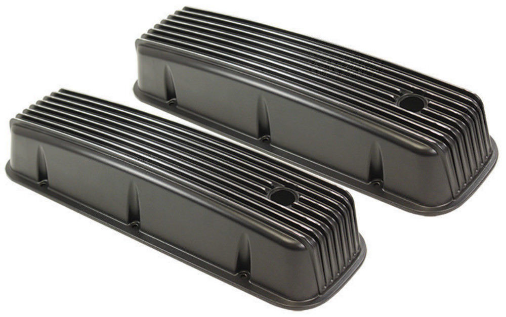 196595 BBC Chevy Black Aluminum Finned Valve Covers with Hole Tall 396