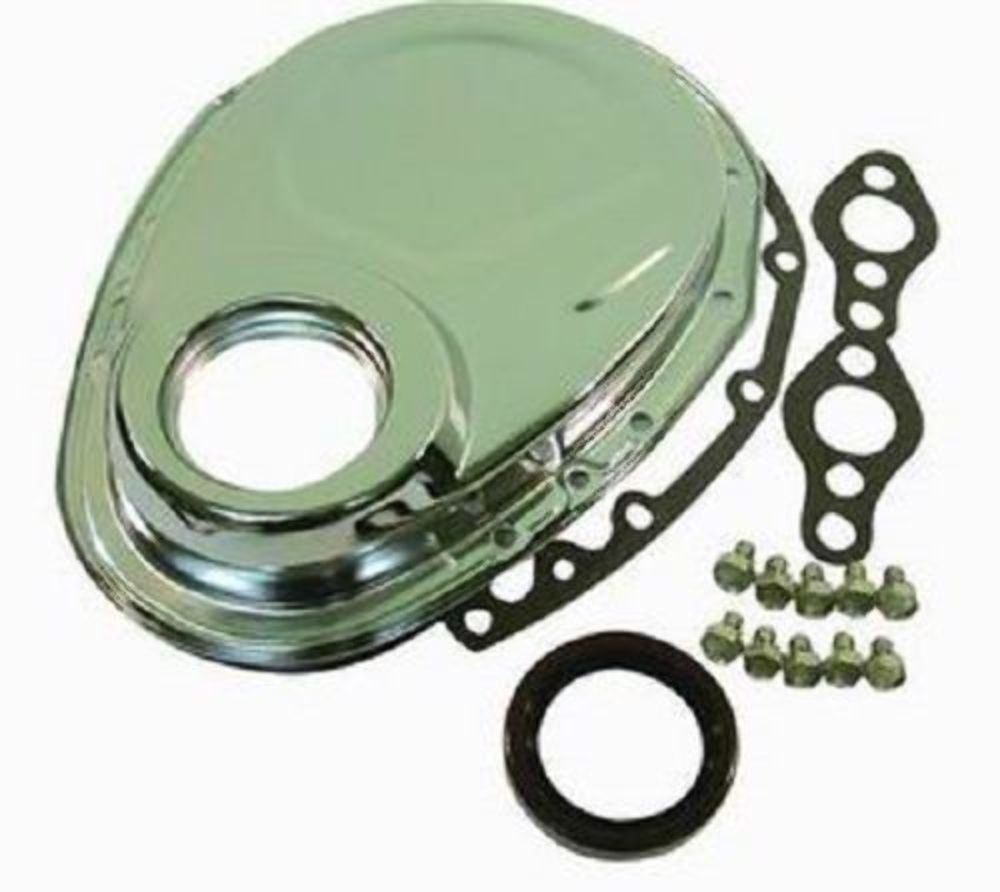 Chrome SBC Chevy 283350 Timing Chain Cover Kit Pirate Mfg