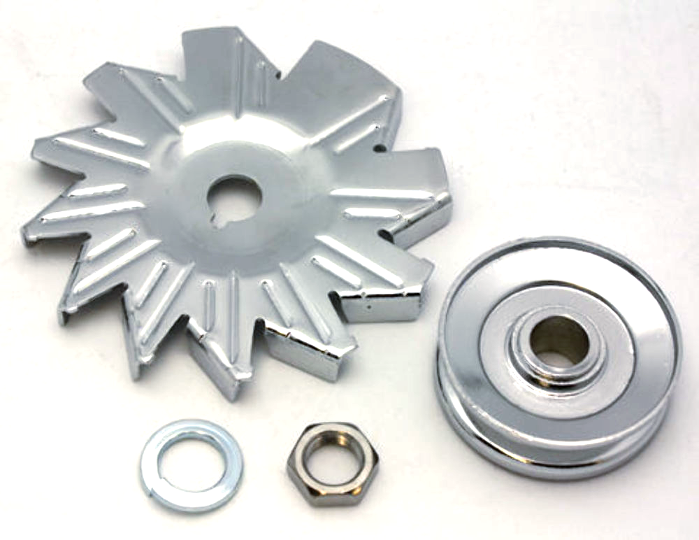 Chrome Alternator Single Groove Pulley w/ Fan, Compatible with GM/Chevy Pirate Mfg