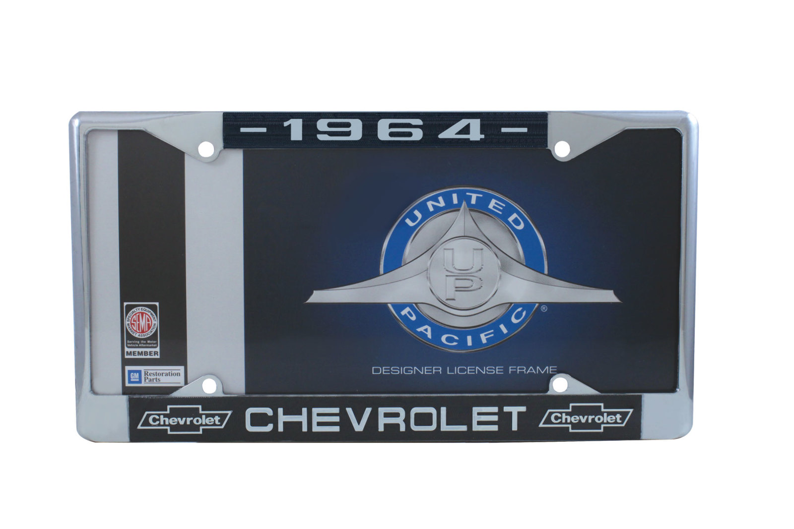 1964 Chevy Chrome License Plate Frame with Chevrolet Bowtie Blue