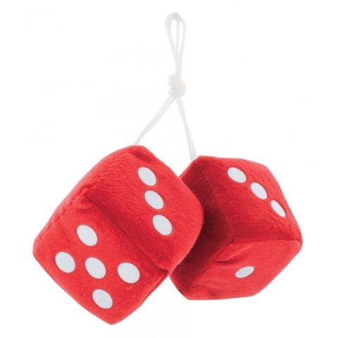 Red Plush Fuzzy Mirror Dice w/ White Dots ~ Vintage Car Hot Rat Street Rod 3" x