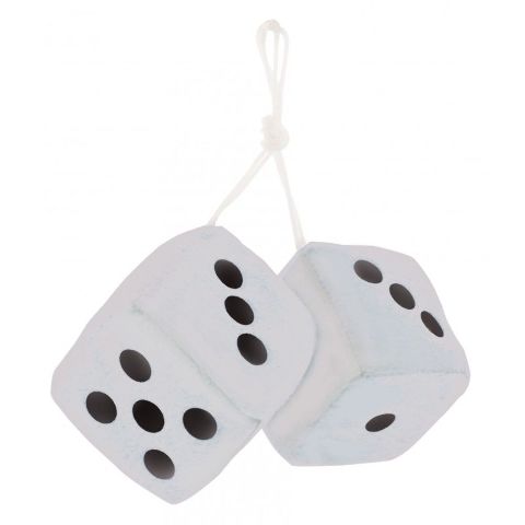 White Plush Fuzzy Mirror Dice w/ Black Dots ~ Vintage Car Hot Rat Street Rod 3"