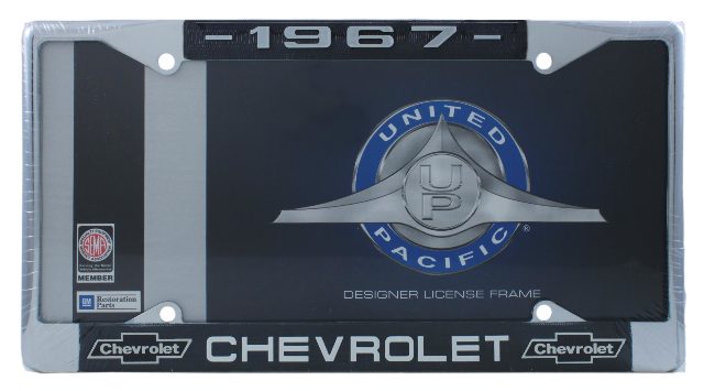 1967 Chevy Chrome License Plate Frame with Chevrolet Bowtie Blue