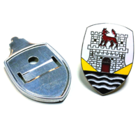 Emblem Hood Badge with Base Plate Wolfsburg Type 1 Beetle YELLOW,1953 thru 1962 VW Emblem Hood Badge with Base Plate Wolfsburg Type 1 Beetle YELLOW,1953 thru 1962 VW